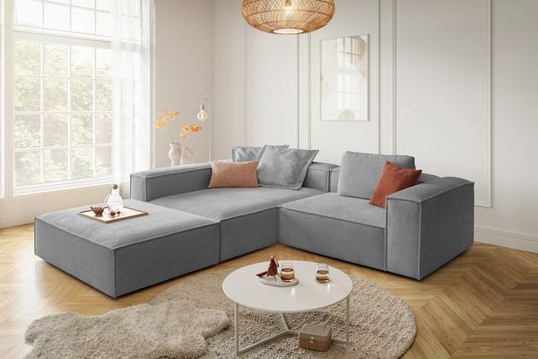 KAWOLA Sofa CARMO Ecksofa Stoff grau mit Hocker Recamiere links 68 x 191 x 306 cm
