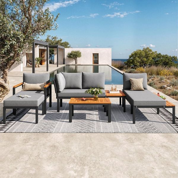 Flieks Gartenlounge-Set, freie Kombination 6-Sitzer Ecksofa mit Beistelltisch und Couchtisch