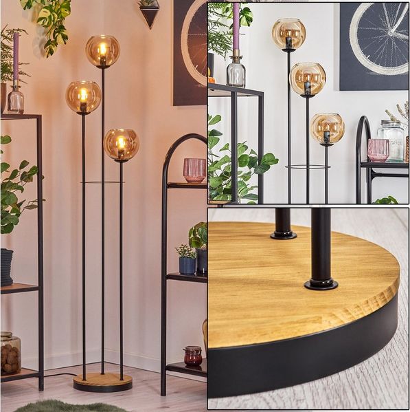 hofstein Stehlampe Stehlampe aus Metall/Holz/Glas in Schwarz/Braun/Bernsteinfarben, ohne Leuchtmittel, Stehleuchte im Retro/Vintage-Design mit Glasschirmen und Fußschalter