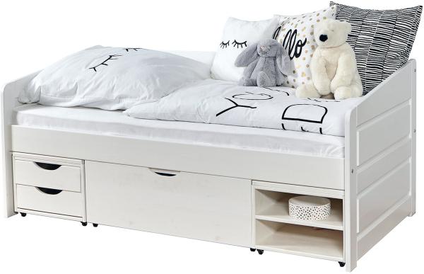 Ticaa Sofabett 'Micki MINI' 80x160 Buche massiv Komplett-Set - mit 3er Funktionsschubkasten - inkl. Matratze - weiß