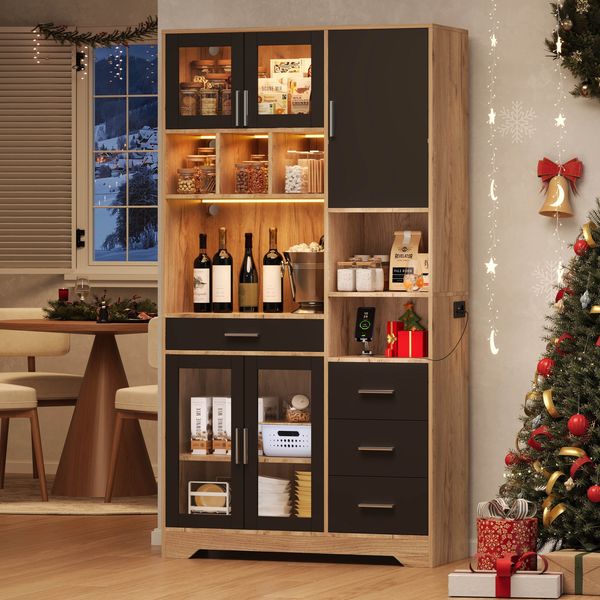 Küchenregal aus MDF mit LED-Lichtleiste & USB-Anschluss, 185 x 100 x 40 cm, Schwarz/Natur