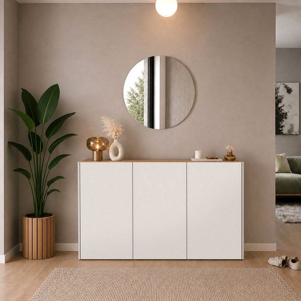 Lomadox Garderoben-Set LAPUA-01, (Spar-Set, 2-St, Schuhschrank Garderobenpaneel Spiegel), in Beige und Eiche, ideal für schmale Flure