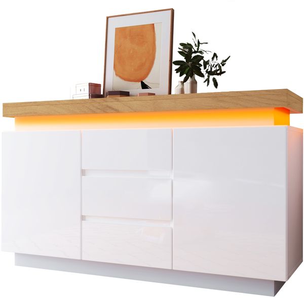 Kommode 140x39x81 cm in Weiß, Hochglanz mit LED, 2 Türen, 3 Schubladen und verstellbaren Einlegeböden Bild 7