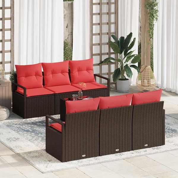 vidaXL Gartensofa-set mit Kissen 7 pcs Beige und Rot Poly-Rattan 3354943