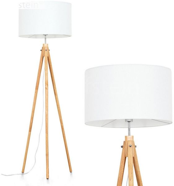 hofstein Stehlampe Stehlampe aus Holz/Stoff in Naturfarben/Weiß, ohne Leuchtmittel, skandinavische Design Leuchte, Schirm (50 cm) u. Fußschalter, 1 xE27