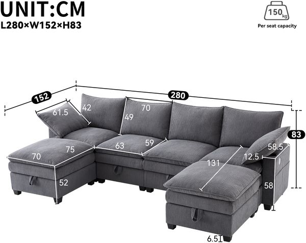 Modulares Sofa Cord Ecksofa 6-Sitzer L U Form mit Stauraum USB Ladeanschluss Getränkehalter Wohnzimmer Couch,Grau Bild 10