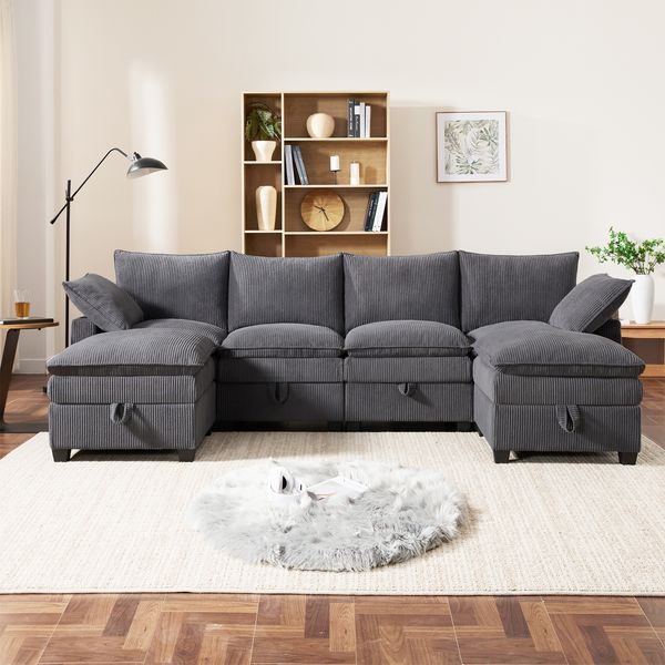 Modulares Sofa Cord Ecksofa 6-Sitzer L U Form mit Stauraum USB Ladeanschluss Getränkehalter Wohnzimmer Couch,Grau