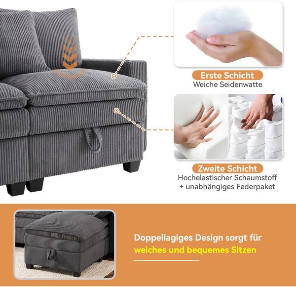 Modulares Sofa Cord Ecksofa 6-Sitzer L U Form mit Stauraum USB Ladeanschluss Getränkehalter Wohnzimmer Couch,Grau Bild 8