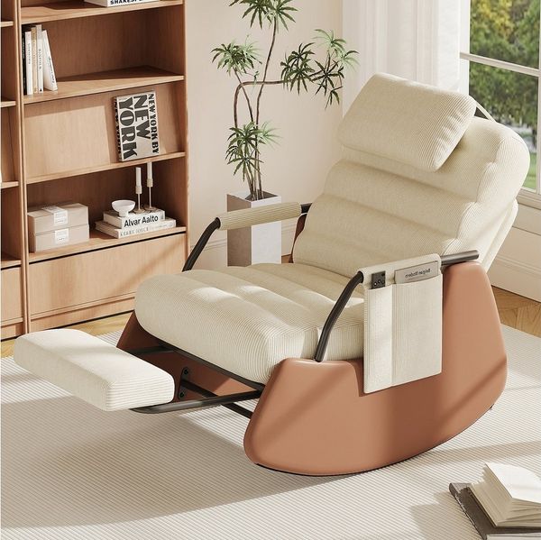 SEEZSSA Ohrensessel Schaukelstuhl Relaxsessel (Set, 1-St, 3-stufia verstellbare Rückenlehne), Wohnzimmersessel mit Armlehnen und Fußstütze Cord,Beige