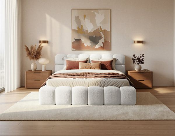 yourhouse24 Polsterbett Boston Slim Bouclé kompaktes Wolkenbett mit Bettkasten, Bubble-Optik & Japandi