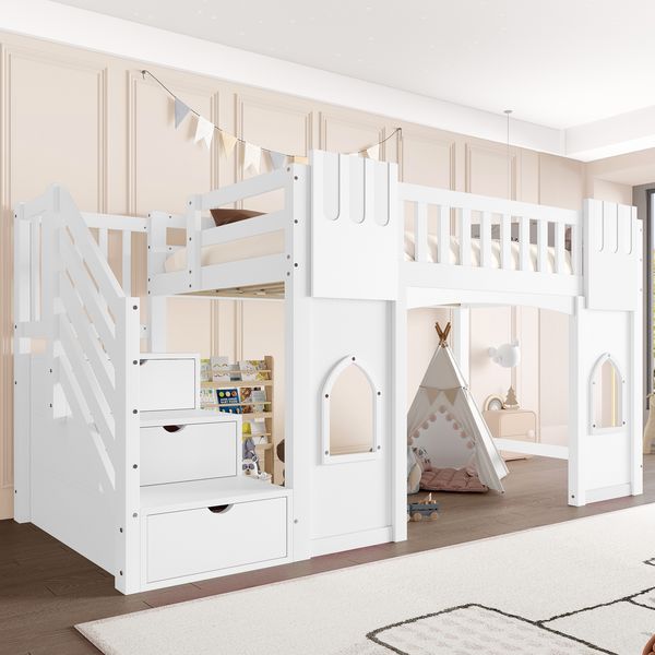 Merax Kinderbett 90 x 200 cm Hochbett Jugendbett Einzelbett mit Stauraumtreppe und Fenster, Weiß