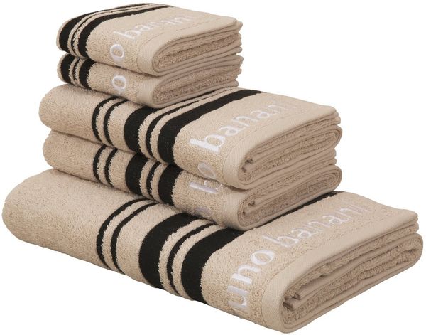 Bruno Banani Handtuch Set Daniel, 1 Duschtuch 70x140, 2 Handtücher 50x100, 2 Gästetücher 30x50, Walkfrottee (Set, 5-St), Streifen-Bordüre & Markenlogo, 100% Baumwolle