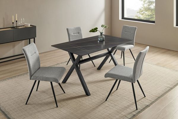 OTTO home Essgruppe Arye, (Set, 5-tlg, 140 cm Esstisch + 4 Stühle), Samt- oder Strukturstoffbezug, Metallgestell, Tischplatte Sinterstein