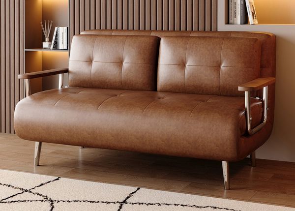 oleyluckidea Schlafsofa 150cm,Lederoptik Sofa ausziehbare Schlafcouch mit Schlaffunktion,braun, Zum Bett umwandelbar, Bettfunktion, Sofabett