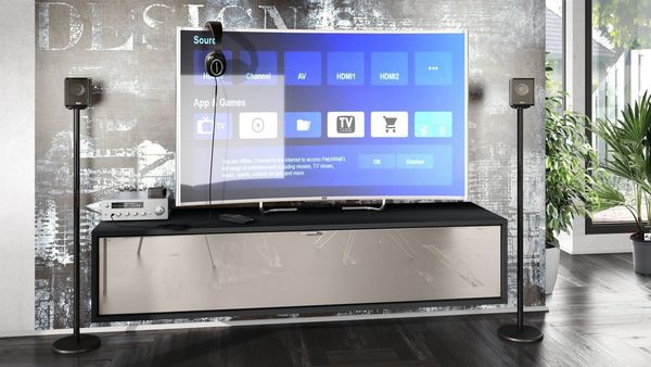 TV Board Lana 140 Hängeschrank Lowboard 140 x 29 x 37 cm, Korpus in Schwarz Matt, Fronten in Sandgrau Hochglanz