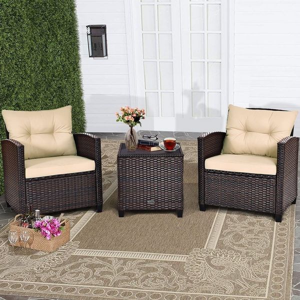 COSTWAY Gartenlounge-Set, (3-tlg, 2 Sessel & 1 Tisch), mit Kissen, Balkonset
