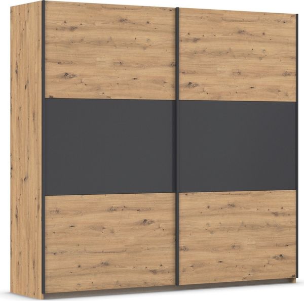 Rauch Möbel Neo, Schwebetürenschrank, Kleiderschrank, Kleiderschränke, Garderobe, Schrank mit Stauraum, 2-türig, Farbe Eiche Artisan/Grau-metallic, 218 x 210 x 59 cm