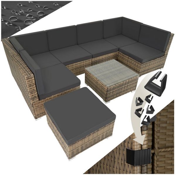 tectake Loungeset Rattan Sitzgruppe mit Sicherheitsglasplatte, für 6 bis 7 Personen, (Gartenlounge-set Venedig, 8-tlg, geeignet für Outdoor in Natur), widerstandsfähig und UV-beständig, Dicke der Polster 7 cm