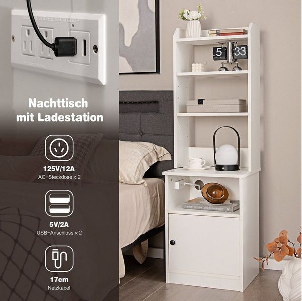 COSTWAY Nachttisch, mit verstellbarem Regal & Steckdosen & USB-Anschluss
