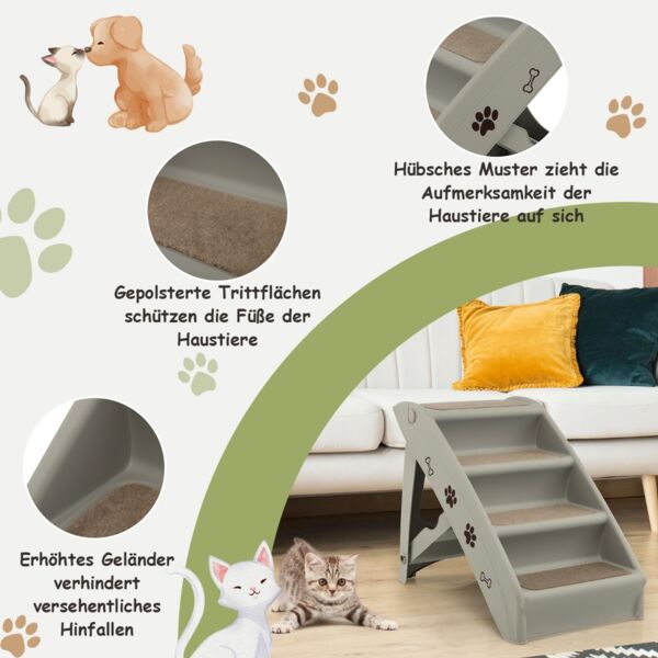 Haustiertreppe mit 4 Stufen Tragbare Kletterleiter Sichere Hunderampe 62,5 x 38 x 49 cm Grau