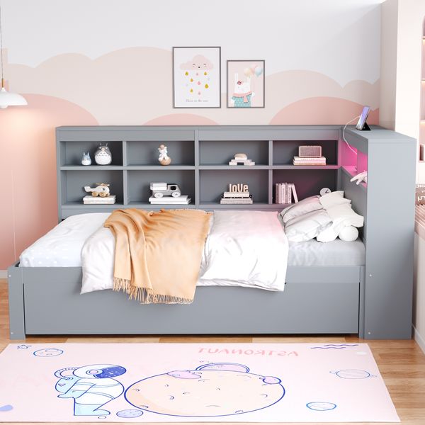 Multifunktionales Holzbett 140x200 cm mit LED, USB-Anschluss, Stauraum, Schlafsofa, Doppelbett, Massivholz,Grau