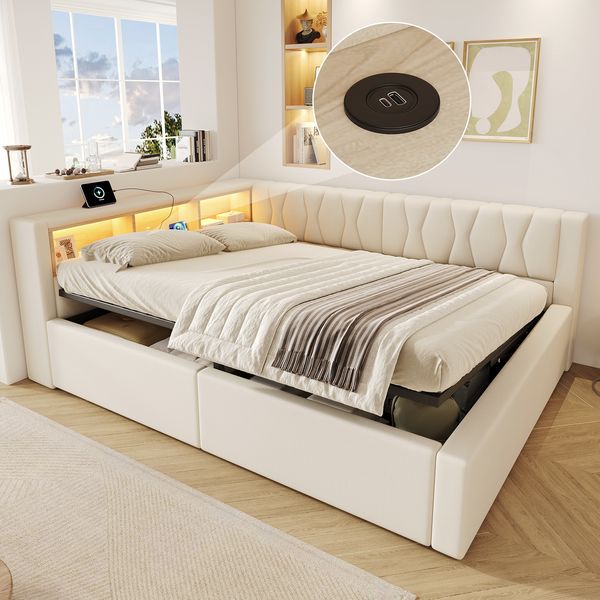 Merax Daybett, Doppelbett, Schlafsofa, 140x200 cm Polsterbett, Hydraulische Lagerung, mit dimmbarer LED-Leiste, mit praktischem Regal, mit USB-Anschluss, Ohne Matratze, Beige