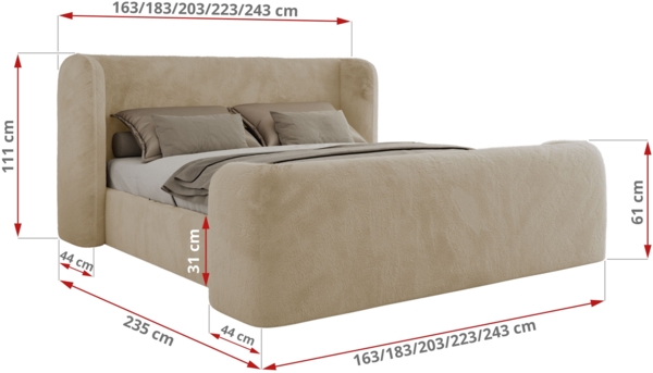 Polsterbett mit Lattenrost, Doppelbett für Schlafzimmer, Gepolstertes Kopfteil, Pocket matratze Härtegrad H3/H4 - EMORA CLASSIC DUO - 140 x 200 cm - Creme Stoff - VIRE - LUX Bild 4