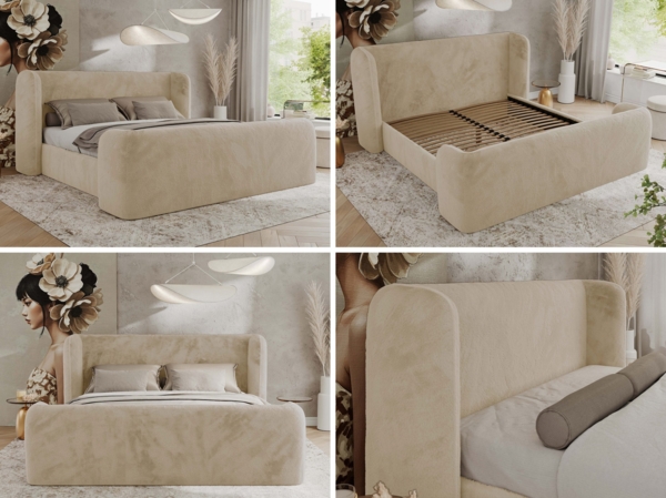 Polsterbett mit Lattenrost, Doppelbett für Schlafzimmer, Gepolstertes Kopfteil, Pocket matratze Härtegrad H3/H4 - EMORA CLASSIC DUO - 140 x 200 cm - Creme Stoff - VIRE - LUX Bild 2