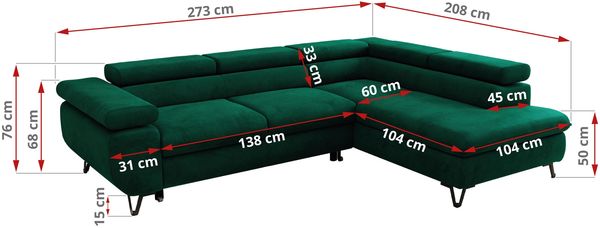 MKS Möbel 'Pablo L-Form' Ecksofa mit Schlaffunktion, verstellbare Kopfstützen, Dunkelgrün, Samt, Visco Topper, Links Bild 6