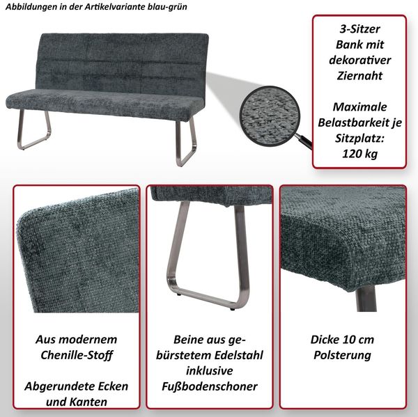Sitzbank HWC-G55, Esszimmerbank Bank, Edelstahl gebürstet Stoff/Textil Chenille Öko-Tex, 160cm ~ blau-grün Bild 2