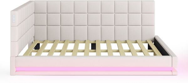 Merax Polsterbett Schlafsofa 140*200 Multifunktionsbettmit LED Lichtleiste, USB Steckdose und Lattenrost, hautsympathischer Leinen , beige Bild 6