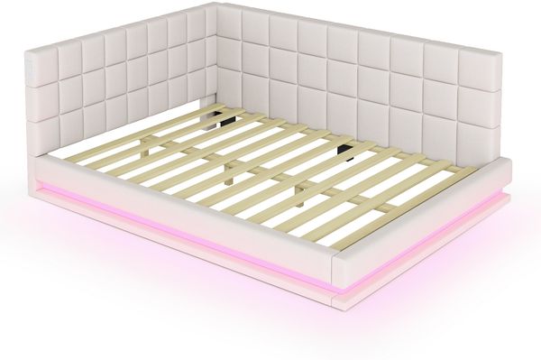 Merax Polsterbett Schlafsofa 140*200 Multifunktionsbettmit LED Lichtleiste, USB Steckdose und Lattenrost, hautsympathischer Leinen , beige Bild 9
