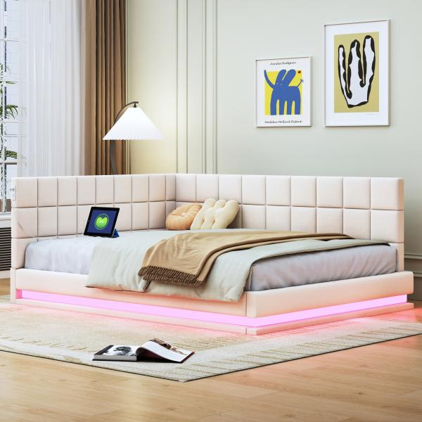 Merax Polsterbett Schlafsofa 140*200 Multifunktionsbettmit LED Lichtleiste, USB Steckdose und Lattenrost, hautsympathischer Samtstoff, beige