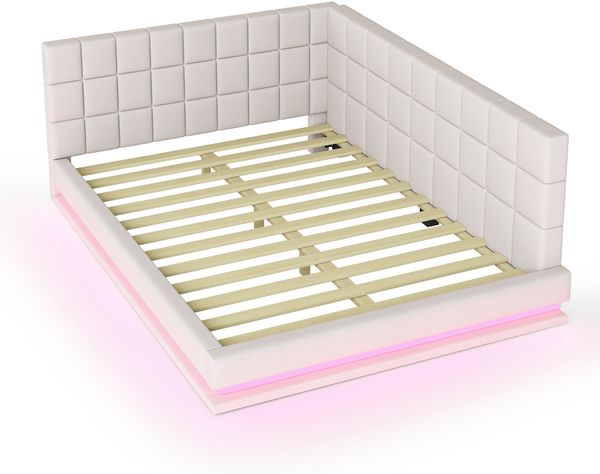 Merax Polsterbett Schlafsofa 140*200 Multifunktionsbettmit LED Lichtleiste, USB Steckdose und Lattenrost, hautsympathischer Leinen , beige Bild 5