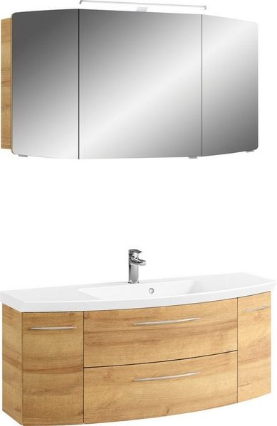 Saphir Badmöbel-Set Cassca Sprint 2-teilig Mineralmarmor-Waschtisch mit LED-Spiegelschrank, (2-St), Waschplatz 121 cm breit mit 5 Türen, 2 Schubladen, inkl. Türdämpfer