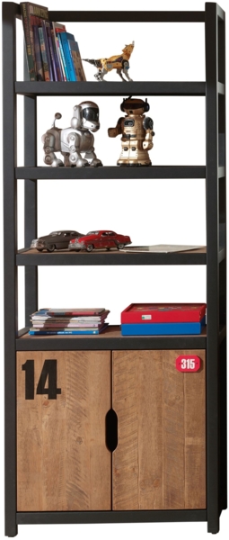 Regalschrank Kameko 80x40x200 MDF+Massivholz Schwarz/Cognac