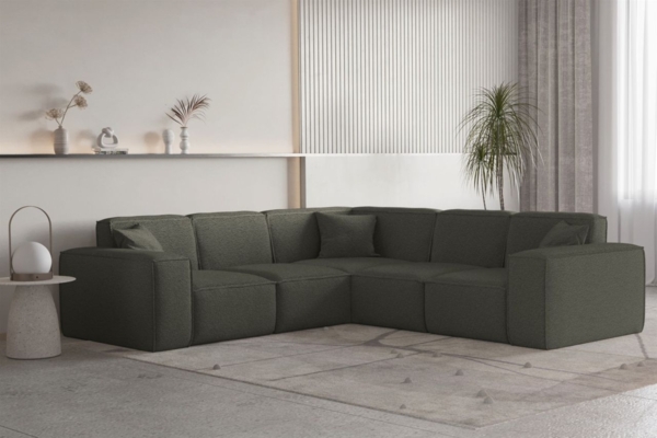 Ecksofa Designersofa CELES PREMIUM Stoff Ascot Bukla Moosgrün Seite Universal
