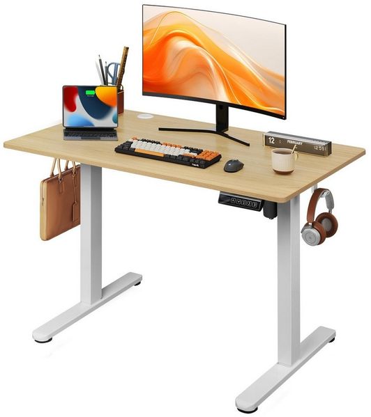 DEVAISE Schreibtisch Höhenverstellbarer Schreibtisch elektrisch 100×60 cm (Höhenverstellung 72–118 cm, Memory-Funktion für 3 Höhen, leise <50 dB, 1 Tisch), Ergonomischer Computertisch für Büro, Home Office, Farbe Eiche