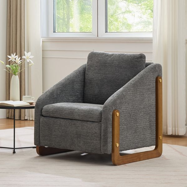Flieks Relaxsessel, Loungesessel mit Holzarmlehne inklusive Rückenkissen fürs Wohnzimmer, Chenille, Grau