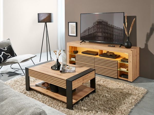 moebel-dich-auf Couchtisch Firenze 1 (Wohnzimmer Set 2 tlg, Artisan Eiche Dekor mit aufgesetzten Stäbchen, 1x Couchtisch, 1x Tv-Lowboard), Schubkasten