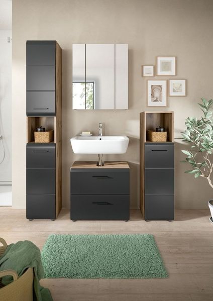 welltime Badezimmer-Set, (Set, 4-St), Florenz, Badkombination 4-tlg. Nox Oak/Schwarz matt, Hochschrank