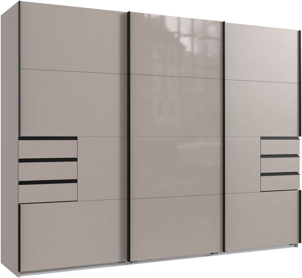 Schwebetürenschrank Kleiderschrank 3-trg 270 cm Sandgrau, Glasfront Schubkästen