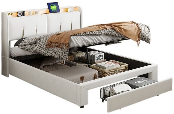 FUROKOY Stauraumbett Polsterbett Doppelbett mit LED-Beleuchtung Stauraum Kopfteil (Aufklappbares Kopfteil mit USB-Ladeanschluss), Hydraulisches Bett Funktionsbett, Samt, Beige, 160x200cm