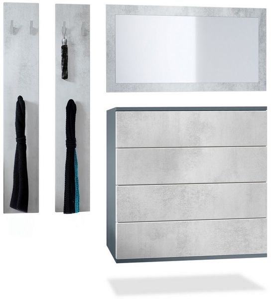 Vladon Garderoben-Set Horizon, (Garderoben-Set, bestehend aus 1 Kommode, 1 Spiegel und 1 Wandpaneel), Anthrazit matt/Beton Oxid Optik