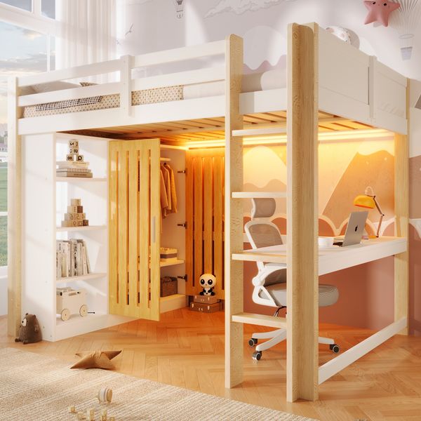 Merax Hochbett, Kinderbett 140x200cm, Mit LED-Leuchten, Kleiderschrank, Regal, Schreibtisch, ohne Matratze, Weiß+Natur