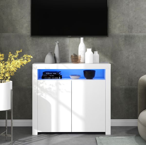LED-Sideboard 108 x 40 x 92 cm mit 2 Türen und offenem Stauraum – weiß, hochglänzend