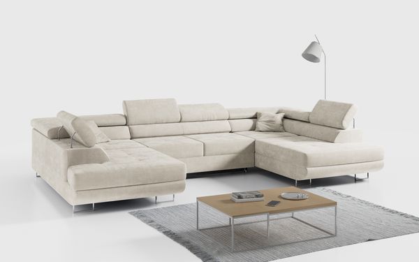 Ecksofa, Wohnzimmer U Couch, Polstersofa mit Bettkasten - GUSTAW-U - Hellbeige Velours
