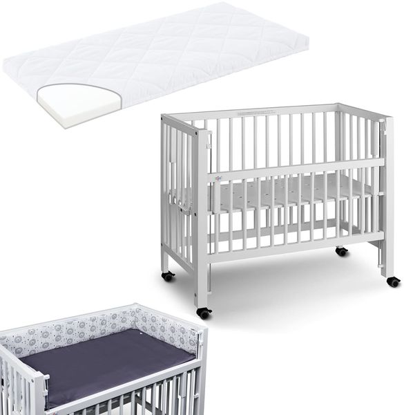 Tissi Anstellbett / Beistellbett Sophie inkl. Matratze und Nestchen Grau Lion, Buche Weiss
