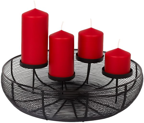 BURI Adventskranz Metallschale Schwarz Ø 36 cm | Moderner Adventskranz aus Drahtgeflecht mit 4 Kerzenhaltern | Adventskorb | Stilvolle Weihnachtsdeko inkl. 4 roten Stumpenkerzen