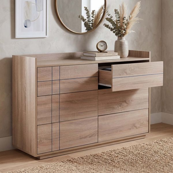 Kommode HWC-P44, Sideboard Schrank Anrichte, 6 Schubladen Push-to-open, MDF 83x120x40cm ~ Sonoma-Eiche-Optik